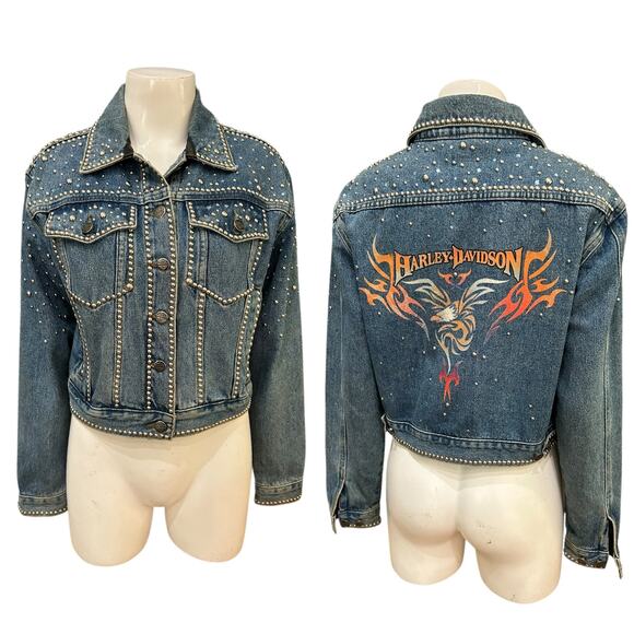 Vintage Harley Davidson Studded Denim Jacket  Cropped Jean Jacket / Small - - Picture 1 of 6